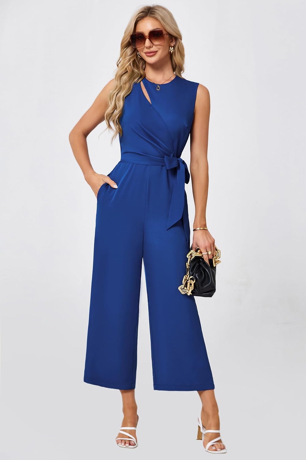 JASAMBAC Women's Jumpsuits Sleeveless Dressy Scoop Neck Cutout Ruched Romper Tummy Control Playsuit Casual with Pockets - Image 6