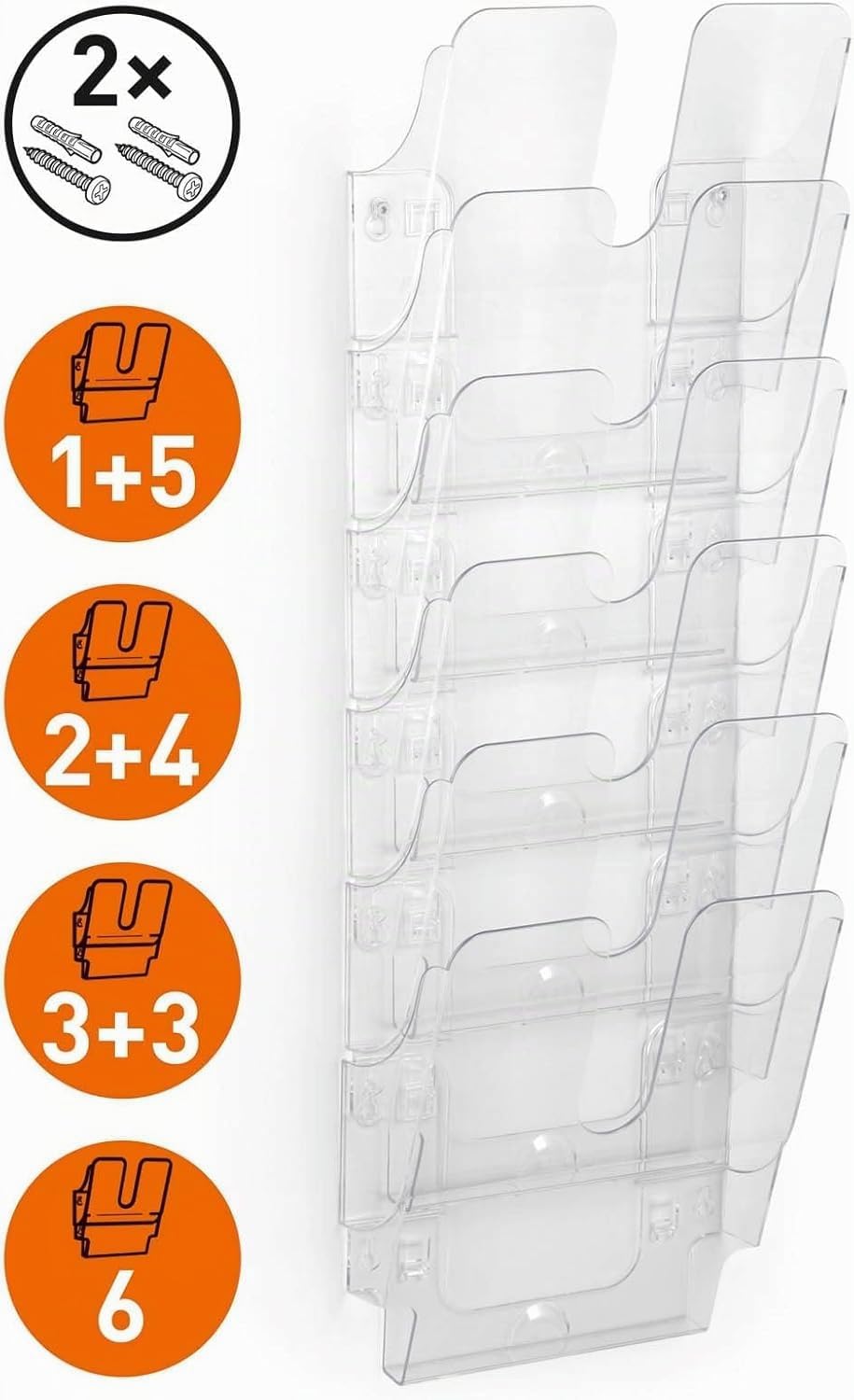 Durable Portariviste da parete Flexiplus Duo Set, espositore plexiglass A4, doppio espositore da parete 6 scomparti con 2 set di fissaggio, trasparente