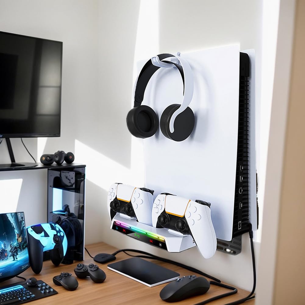2Set Półka Pływający uchwyt z podwójną stacją ładującą kontrolera Światło RGB Stojak ścienny z uchwytem na zestaw słuchawkowy Metalowa wisząca podstawka ładująca do konsol PS5 i PS5 Slim Płyty