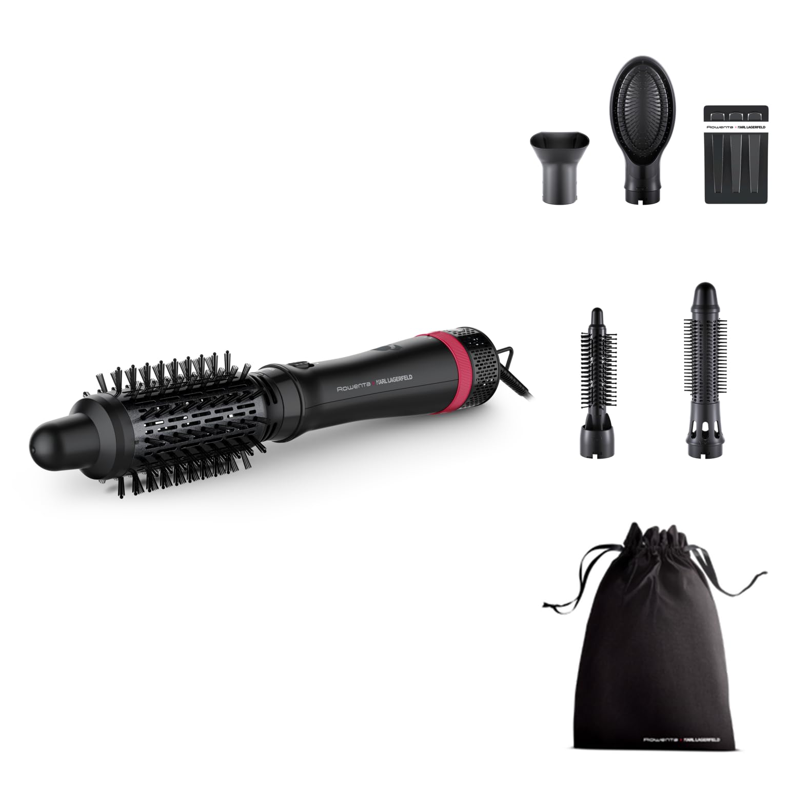 Rowenta x Karl Lagerfeld CF635L Express Style Warmluftbürste | 5-in-1 Stylingbürste | Keratin & Glow-Beschichtung | konstante 60°C | alle Haartypen | umfangreiches Zubehör | Schwarz