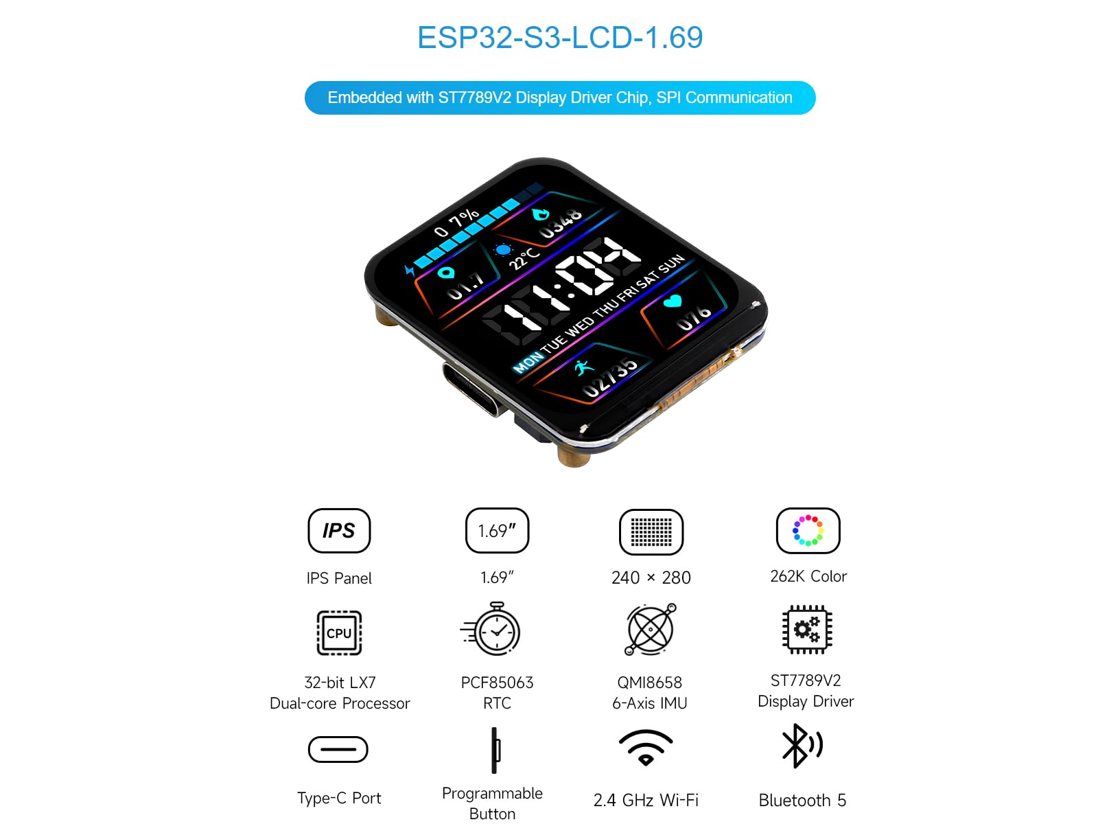 Waveshare ESP32-S3 Development Board with 1.69inch LCD Display,240×280 Pixels 262K Color Micro LCD Display with ESP32-S3,Embedded with ST7789V2 Display Driver,SPI Communication