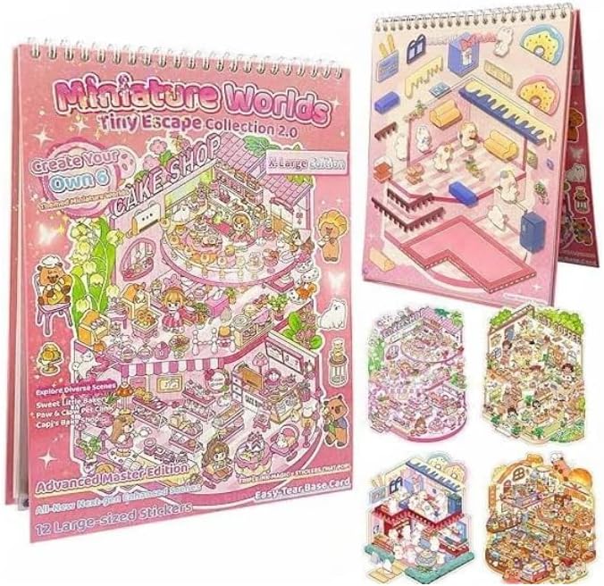 Miniature Worlds Sticker Book for Kids | Tiny Escape 2.0 Creative Playset | Reusable Scene Book with 12 Large Stickers | Cake Shop Theme | DIY Activity for Girls & Boys (Pink)