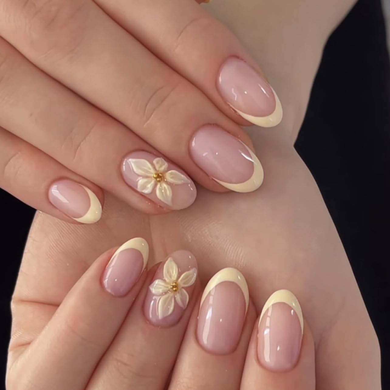 24PCS Yellow French Tip Press on Nails - Floral Design