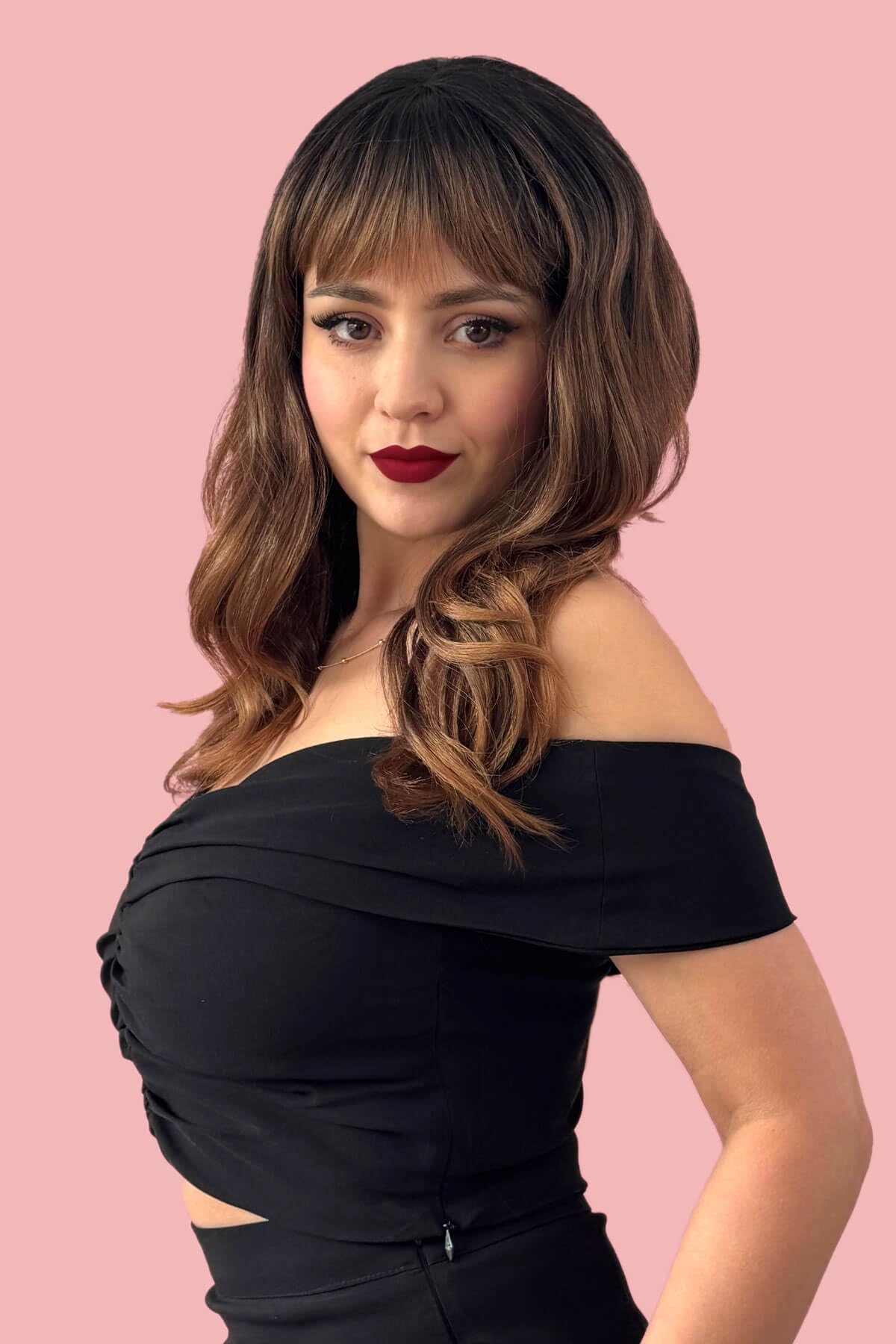 Ombre brown wig with reddish brown highlights & waves: Serenity
