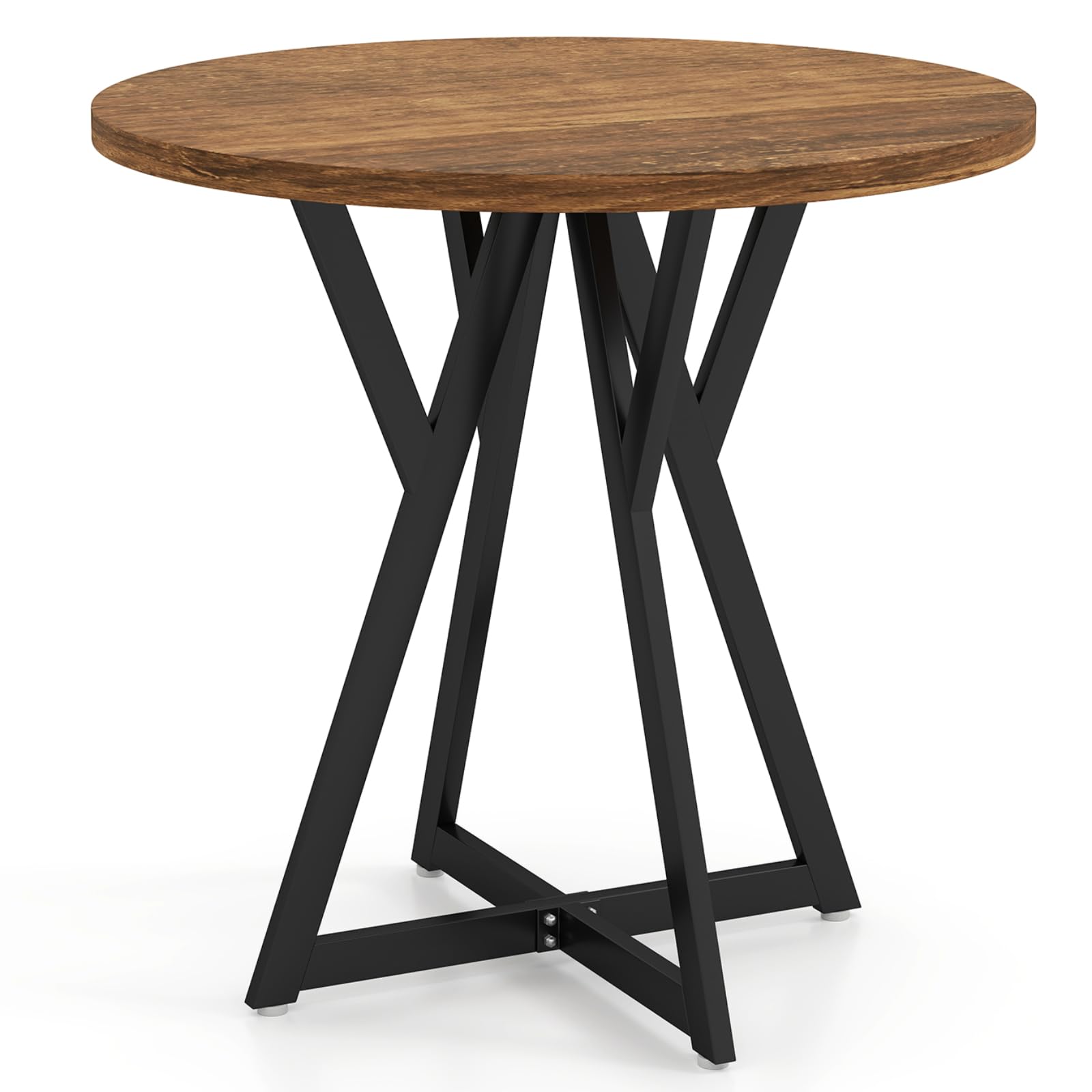 COSTWAY 80cm Round Dining Table, Wooden Kitchen Table with Metal Pedestal Base, Thickened Top, Adjustable Foot Pads & Stable X-shaped Base, Dinner Table for Dining Room Restaurant (Black+Rustic Brown)