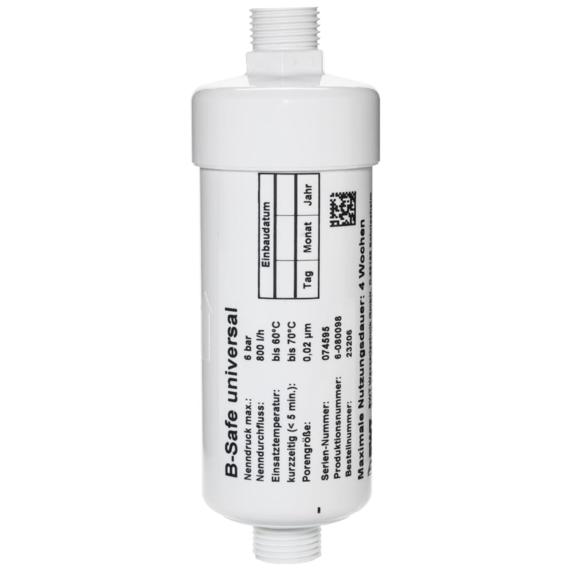 BWT Filtro universal B-Safe | filtro mecánico de seguridad Legionella con micromembrana de fibra hueca Dead-End | Prefiltro de 200 µm | Fácil montaje | Conexión ½" | 4 semanas de vida útil