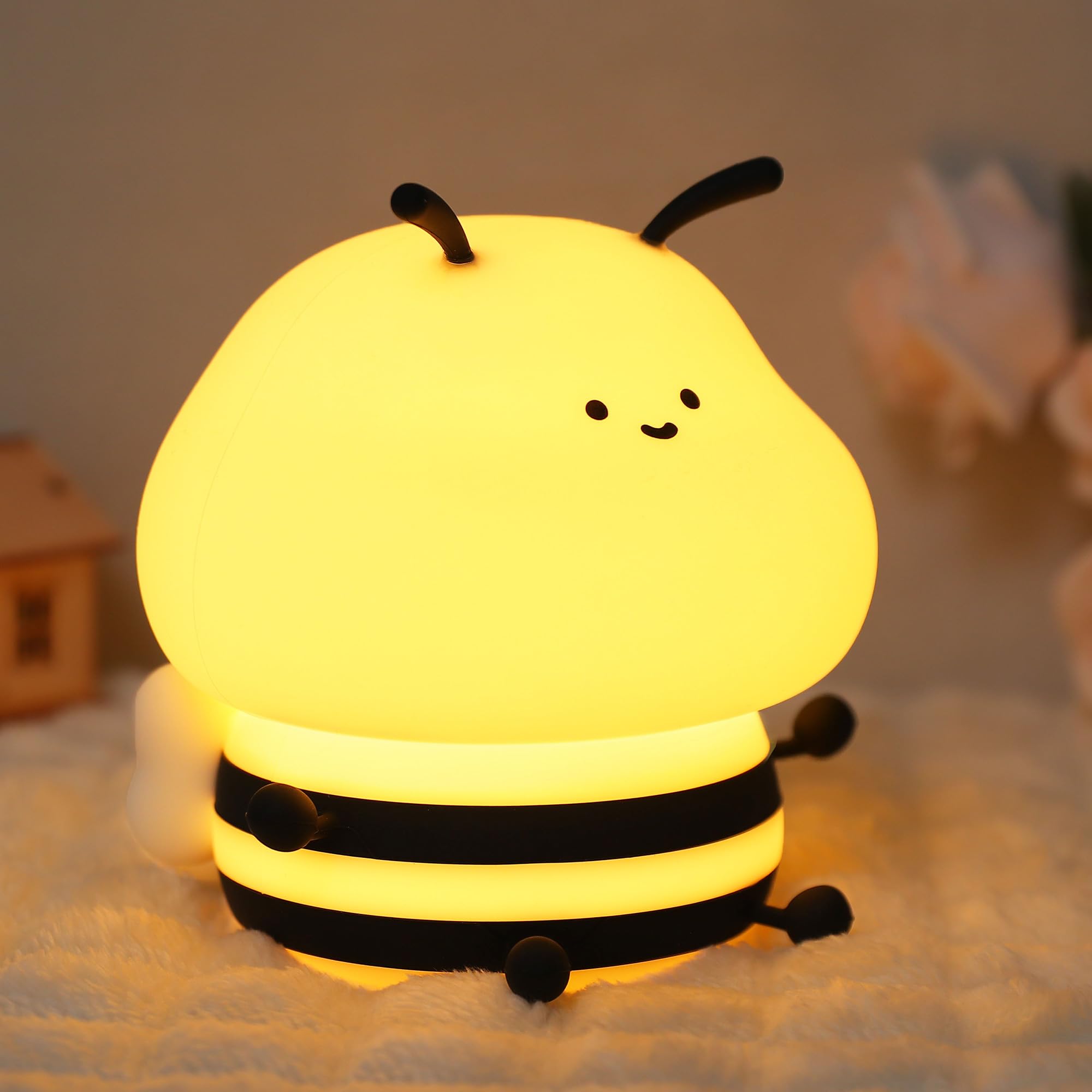 YuanDian Cute Bee Night Light for Kids, Nursery Night Lamp Kawaii Animal Bedside Nightlight with 7 Colors 3 Levels Dimmable Tap Control Rechargeable Nightlights