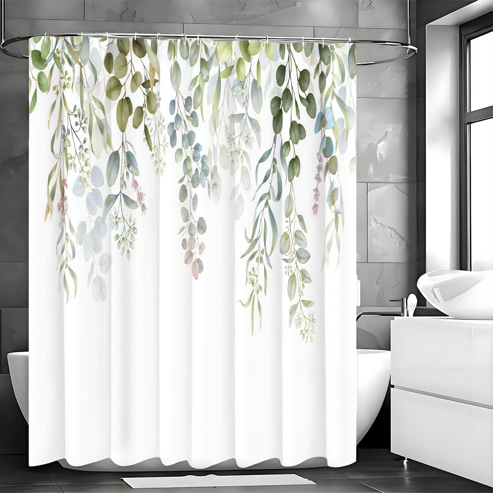 ruitao Shower Curtain, Mould Proof Resistant and Waterproof Washable Polyester Fabric with 12 Hooks, Quick Dry, Shower Curtain for Bathroom, Wet Rooms, Shower, Bath (Green Leaves, 180x180cm)
