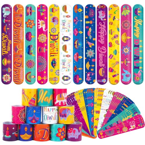 Image of JUNEBRUSHS 56 PCS Diwali Slap Bracelets Bulk Indian Party Favors Happy Diwali Gifts Classroom Rewards Colorful Lantern Rubber Wristbands Goodies Treat Bag Fillers
