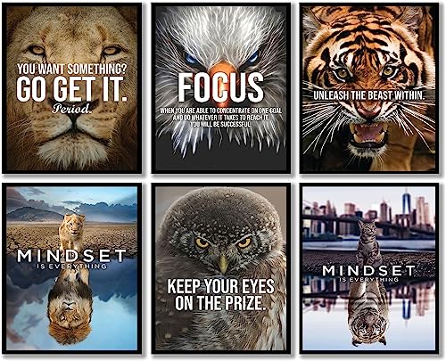 6 Pcs Inspirational Phrases Wall Art Prints Decor,Inspirational Mindset Is Everything Wall Decor,Gold Cat Lion And Tiger And Eagle Cat Letter Inspirational Quotes Posters Wall Art Prints,Inspirational Wall Art For Office Quotes Theme Wall Decor For Animal Leopard Motivational Canvas Prints Framed Wall Art For Bedrooms Motivational Modern Home Decor,Set Of 6(8"X10" Inches,Unframed) #TOP5