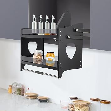 27.95-29.13" Pull down Shelf for Upper Cabinets 2-Tier Pull down Cabinet Organizer with Adjustable Resistance Pull down Spice Racks for Kitchen Upper Cabinets Alloy Steel, W27.95-29.13"