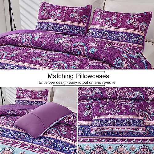 Dintszyayue Purple Boho Quilt Set Queen Size, 3 Pieces Bohemian Paisley Pattern Bedspread With 2 Pillowcases, Floral Print Bedding Set Lightweight Microfiber Coverlet For All Season Queen96 X90 #TOP3