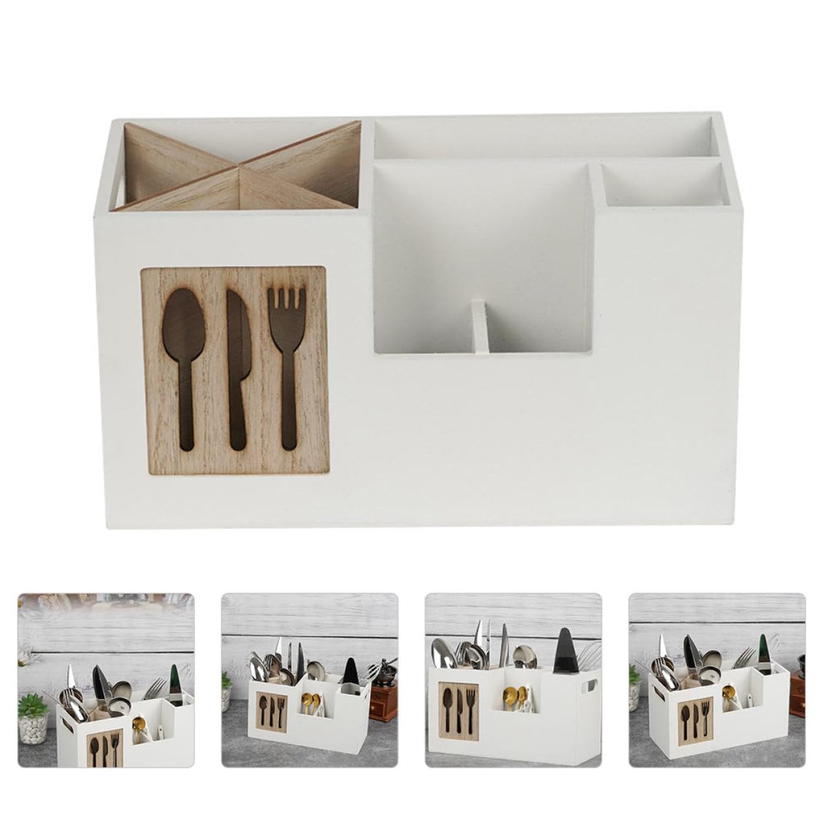 jojofuny Organisateur Cuisine Résistante aux Rayures en Bois Blanc Boîte de Rangement pour Ustensiles Cuisine pour Plan de Travail à Domicile