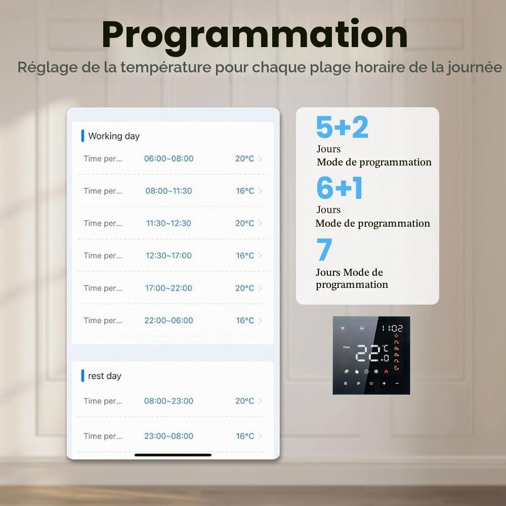 Decdeal Thermostat Chauffage de l'eau,WiFi Thermostat programmable, Montage Mural, Télécommande 3A Tuya Blanc