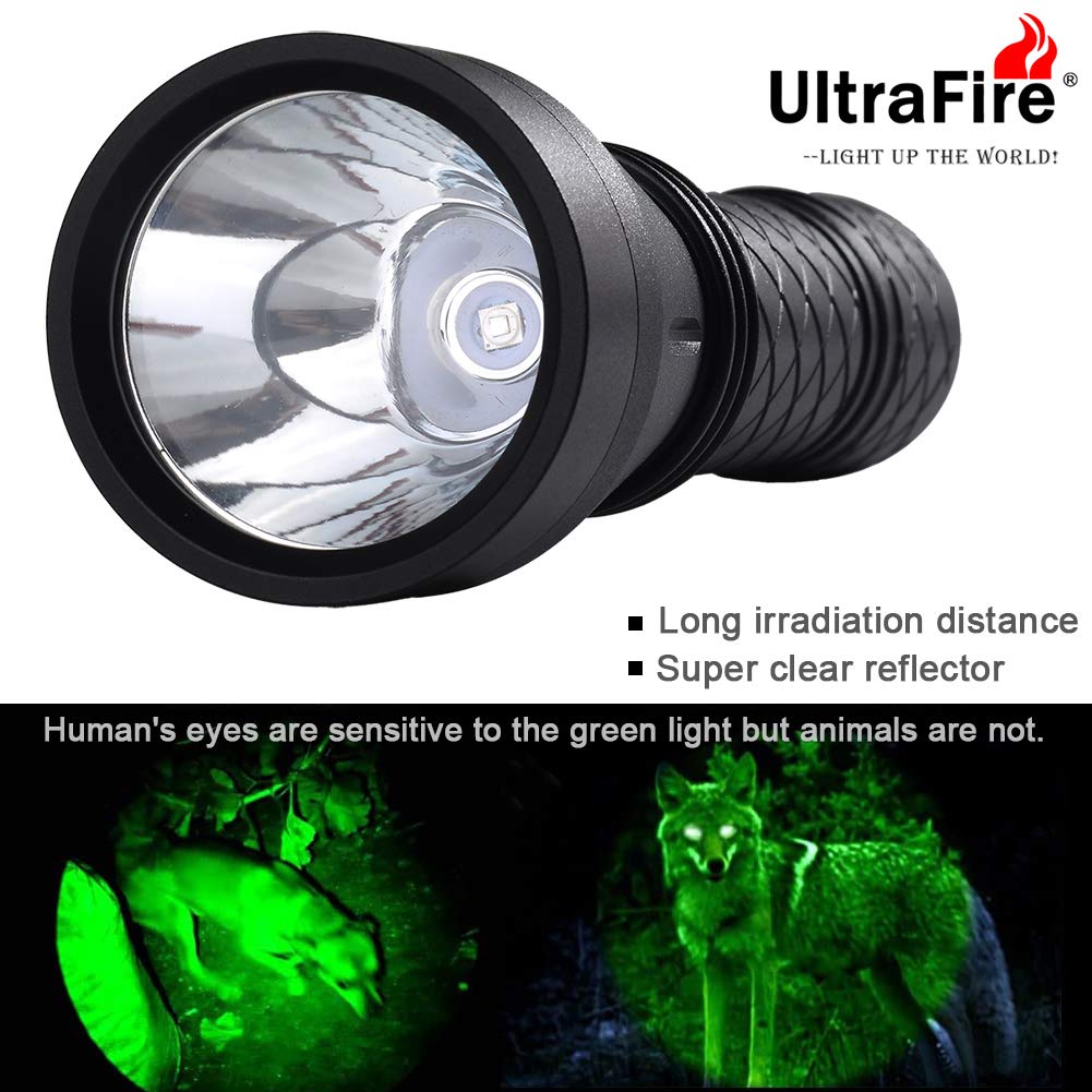 ULTRAFIRE 501G Lumière Verte Lampe De Poche 525 Nm Zoomable Gradation En Continu, Avec Batterie Rechargeable 3,7V 2600mAh Et Chargeur, Lumière Tactique LED De Chasse Vision Nocturne