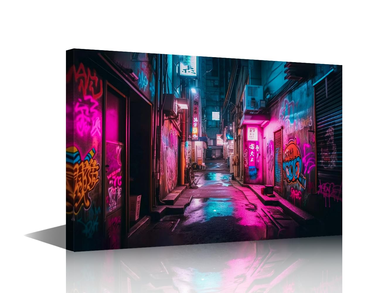 TISHIRON Canvas Wall Art House Decorations Living Room Cyberpunk Paintings City Views Pictures Magenta, Purple, Neon Canvas Prints Wall Art Framed Ready to Hang 12x18 in