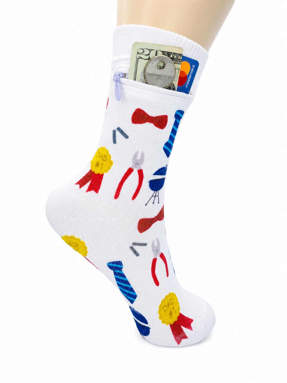 Zipper Sock Wallet - Cotton &amp; Polyester Zipper Socks with Pockets - Fits shoe size 6-13