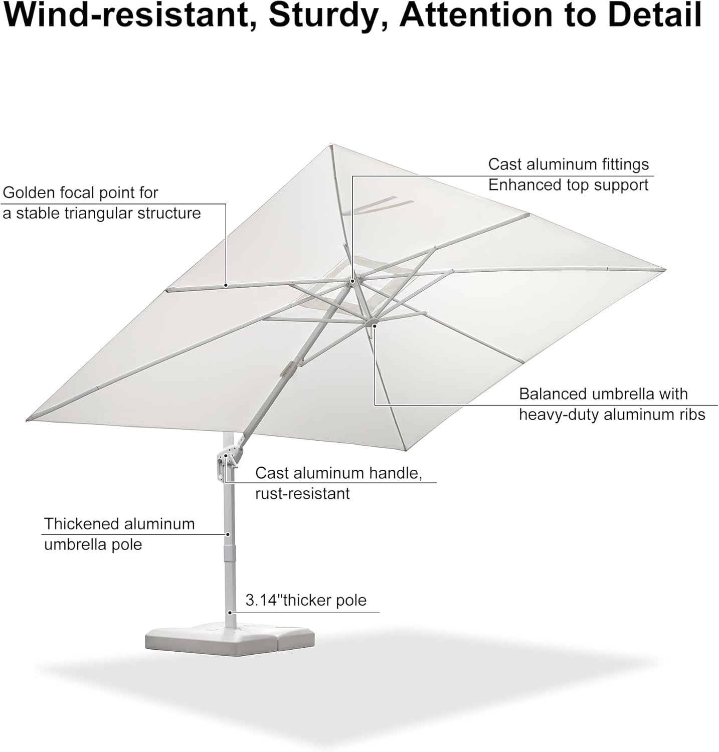 PURPLE LEAF 9' × 11.5' Patio Umbrella With Base White Cantilever Umbrella Square Outdoor Offset Umbrella Windproof with 360° Rotation for Garden Deck Pool, White