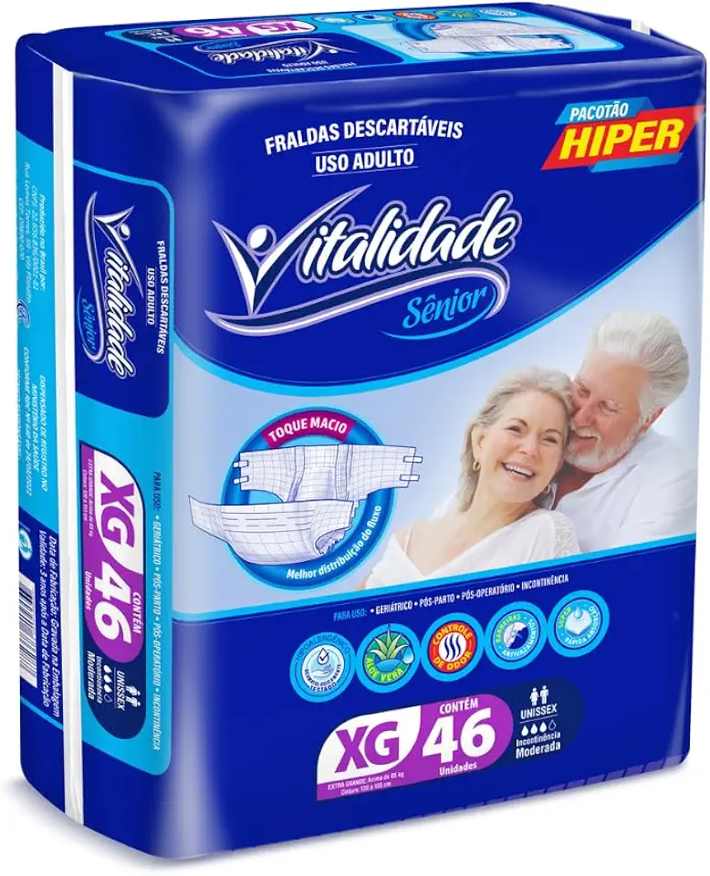 Fralda Descartável Geriátrica Prevent Care Vitalidade Sênior Pacotão Revenda Fita (TAMANHO XG 46 UNIDADES ACIMA DE 85KG)