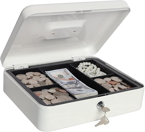 Vista 25 de Caja de dinero grande con bandeja de dinero y cerradura, caja de dinero de metal para efectivo, caja de seguridad de 11.8 x 9.5 x 3.54 pulgadas