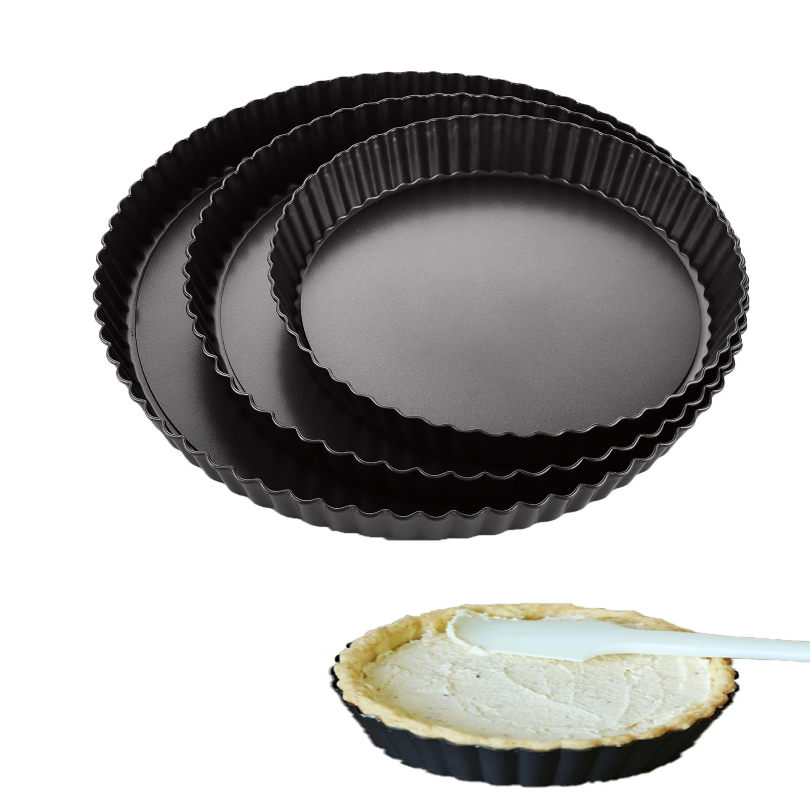 AKOLAFE 3 formy do quiche w 3 rozmiarach z dnem podnoszącym, Ø 20 cm, 24 cm i 28 cm, nieprzywierające dno, okrągłe, ze stali węglowej, do quiche, tarty, ciasta