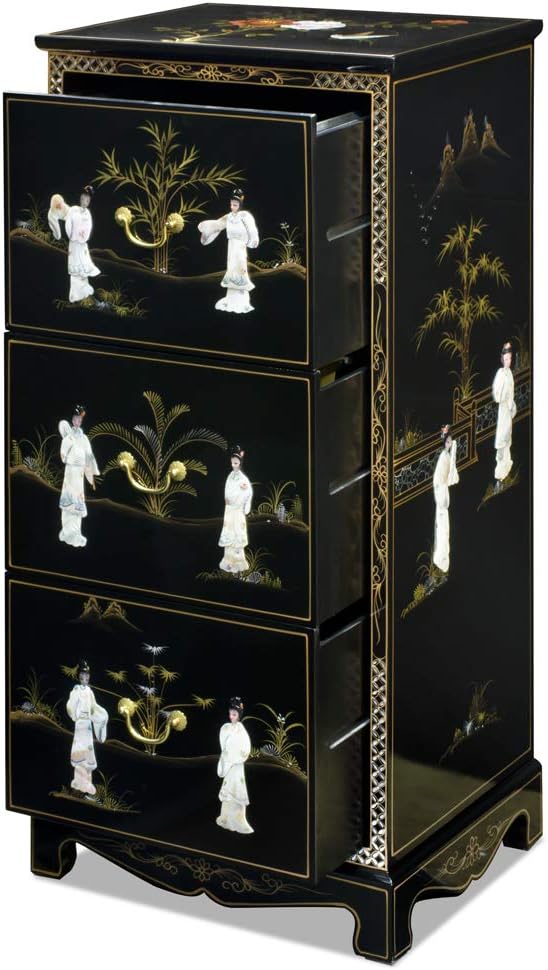 ChinaFurnitureOnline Black Lacquer Mother of Pearl 3 Drawer Oriental File Cabinet
