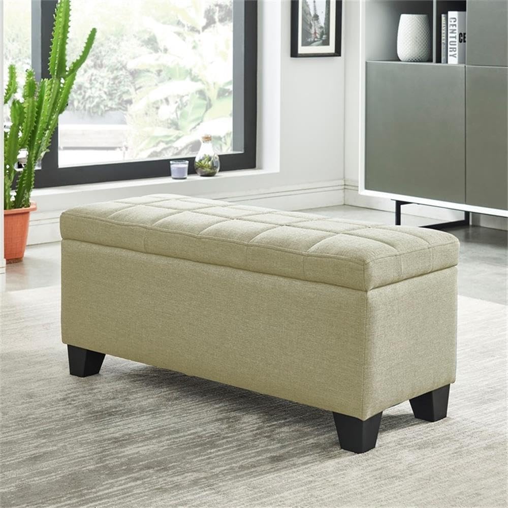 Pemberly Row Modern Fabric Upholstered Rectangular Storage Ottoman Bench, Beige, 35.5 x 14 x 16.5 in, Square Tufted Top, Safety Hinges, Deep Storage, Versatile Seating for Living Room or Bedroom