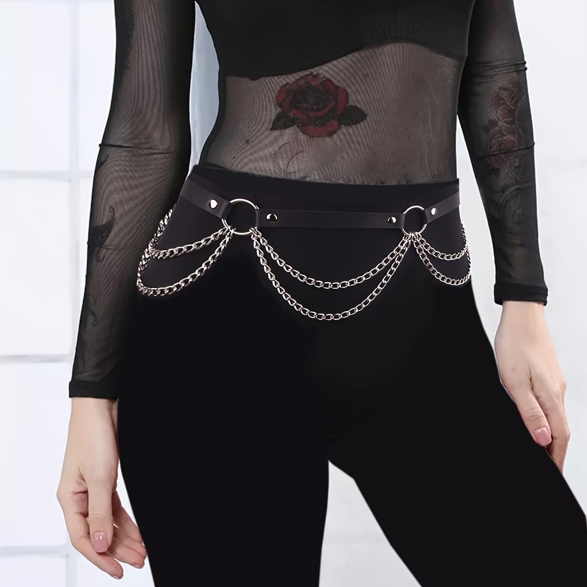 Punk Gothic Leather Waist Chain Belt for Women Layered Body Jewelry Black Silver Rave Accessories Festival Goth Fashion