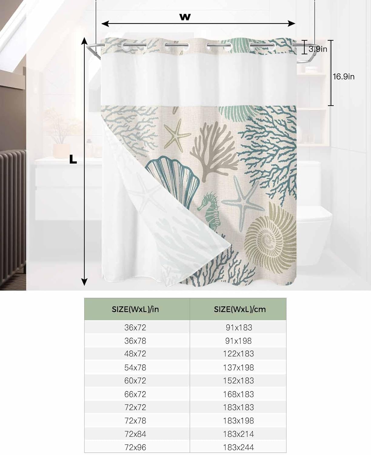 No Hook Shower Curtain and Snap in Liner Set, Beige Blue Gray Coastal Fabric Bathroom Shower Curtains 72x78 Inch, See Through Mesh Top Window, Summer Ocean Beach Coral Starfish Hotel Style, Waterproof