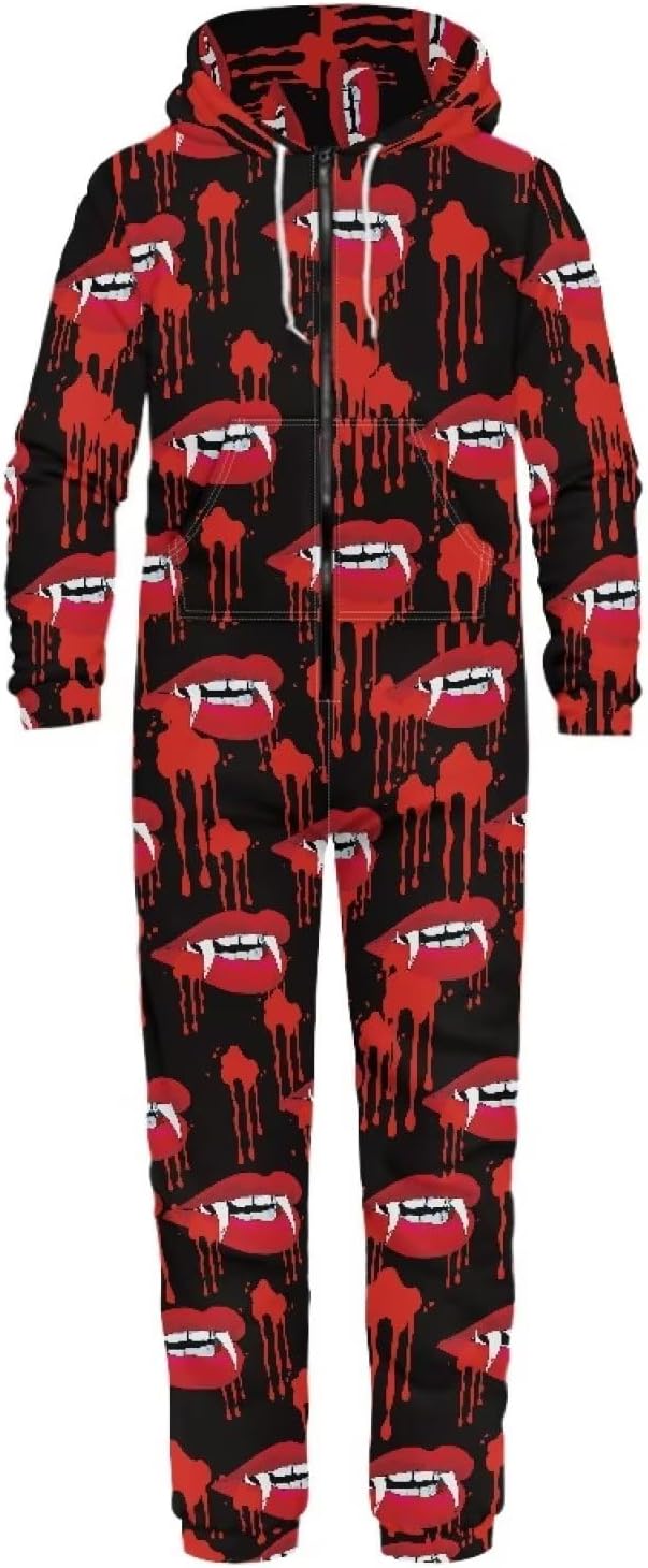 chaqlin Adult Onesies, One-Piece Pajama Jumpsuits for Men and Women, Unisex with Skull Fire Print for Halloween Costume