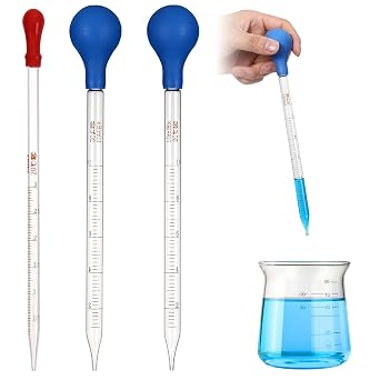 3 Pcs Glass Pipettes Dropper, 10ml & 3ml Graduated Liquid Dropper with Rubber Bulb for Laboratory, Medicine, Research Blue & Red