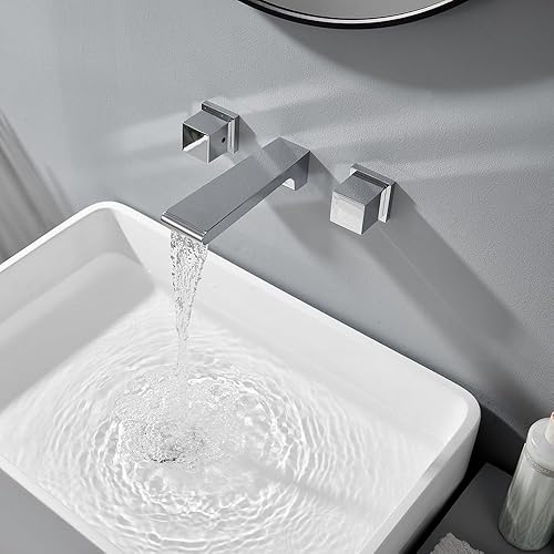 MONDAWE Grifos de baño de montaje en pared con nivel de mango único grifo de lavabo de cascada grifo mezclador de lavabo en oro cepillado