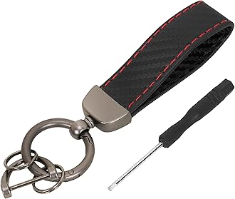JVCV® Microfiber Leather Car Keychain, Universal Key Fob Keychain Carbon Fiber Pattern Leather Key Chain Holder for Men and Women (Black Buckle-Red Stiches).