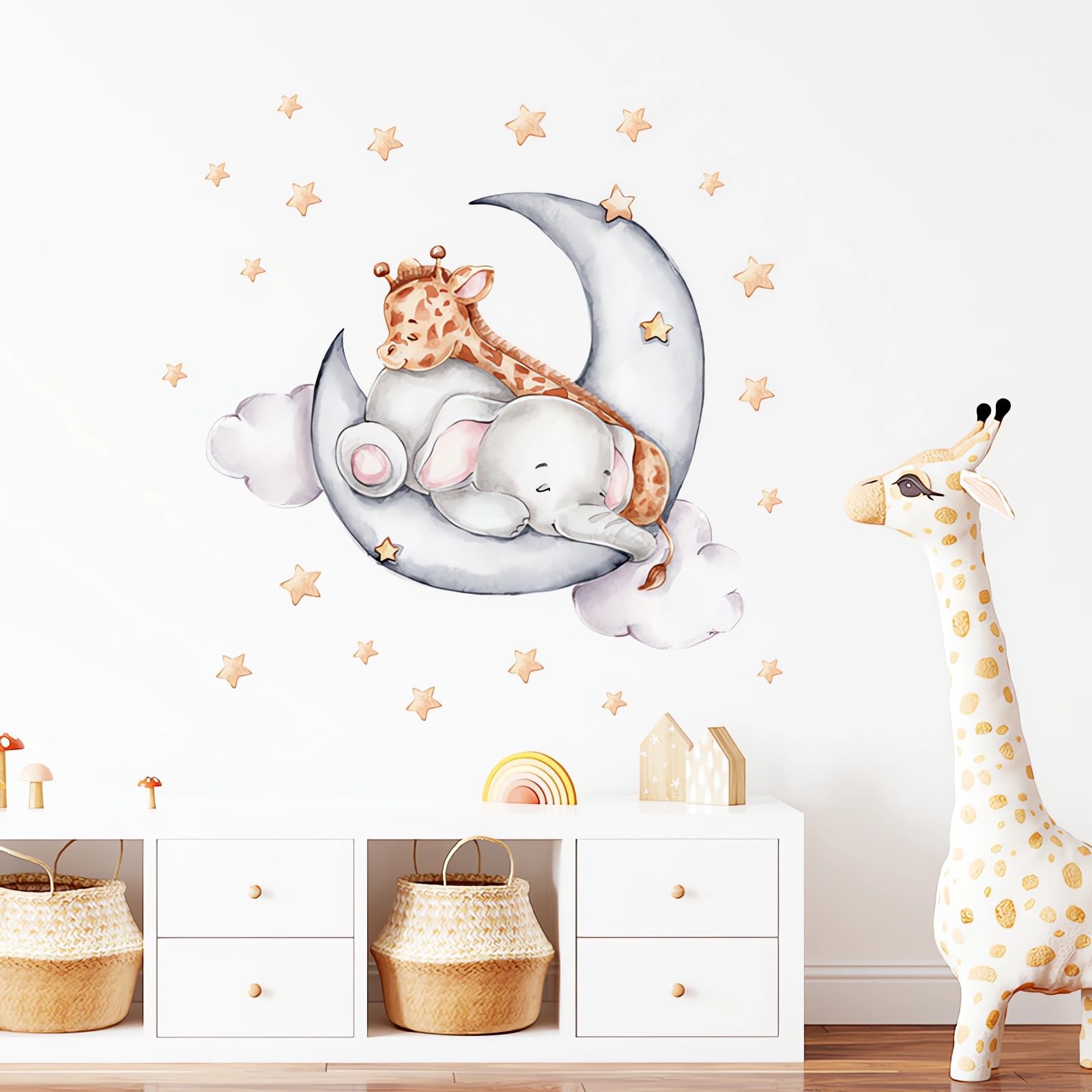 Cute Sleeping Baby Elephant Giraffe Wall Stickers, sacinora Moon and Stars Cartoon DIY Wall Decals Removable Vinyl Peel and Stick for Kids Baby Nursery Bedroom Toddler Room Art Decorations