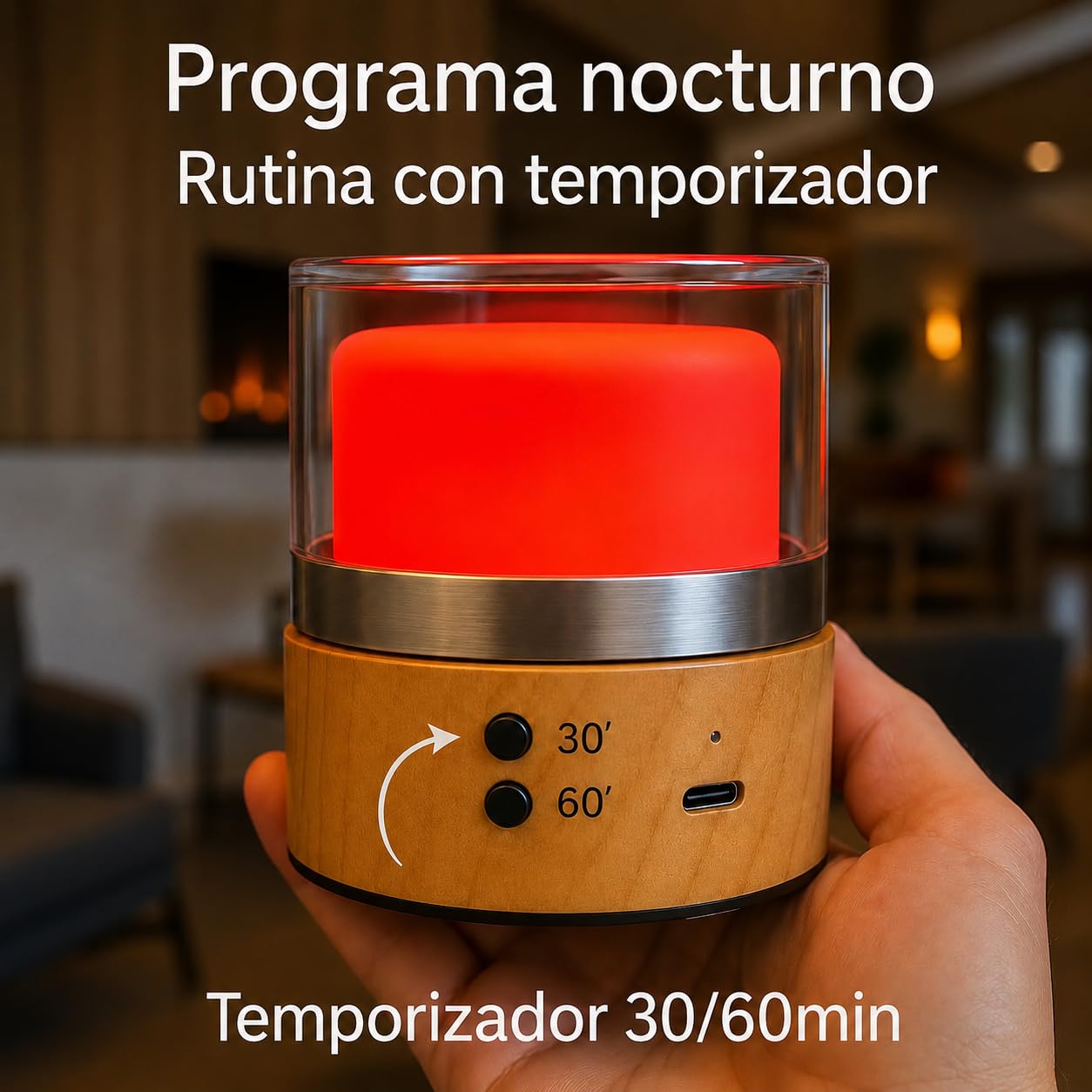 Lámpara Luz Roja Nocturna Melatonina, Terapia de Luz Roja 660nm - 0% Azul, Flicker-Free, Luz Nocturna Infantil/Adultos, Lamparas de Mesita de Noche- Recargable - Timer 30–60 min +Bolsa de Viaje