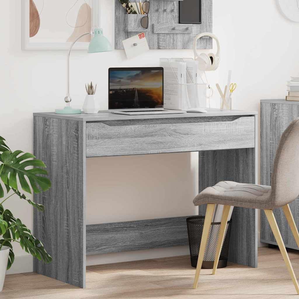 Scrivania in legno Sonoma grigio, 100 x 50 x 78 cm, con cassetto, scrivania per computer per ufficio e home office, mobili per studio per postazione di lavoro organizzata
