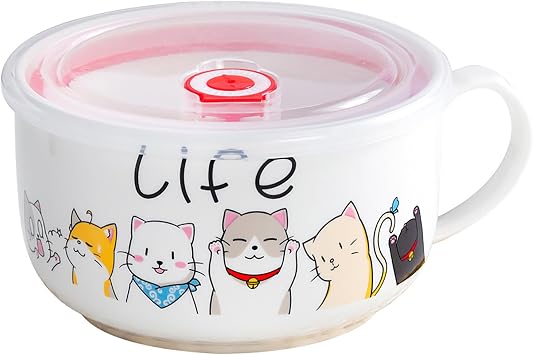 Ceramic soup bowls with handle and lid, soup containers, cups, cute cat, soup bowls, bowl for ramen, oatmeal, noodles, soup, fruit, 800 ml