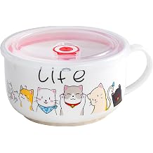 Ceramic soup bowls with handle and lid, soup containers, cups, cute cat, soup bowls, bowl for ramen, oatmeal, noodles, soup, fruit, 800 ml