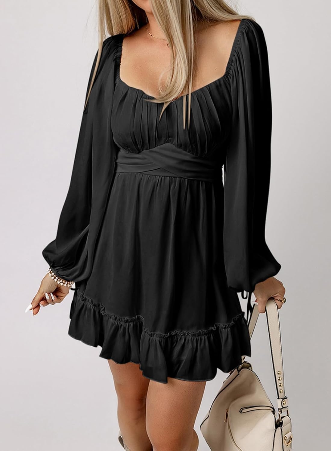 Acelitt Spring Fashion 2025 Wedding Guest Dress for Women Square Neck Long Lantern Sleeve Ruffle A-Line Casual Mini Dresses - Image 5