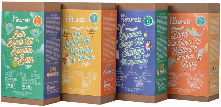 Kiss Naturals - Soap Making Arts & Crafts Kit for Kids with Organic Ingredients - Glycerin Soap DIY STEM Activity - Make 16 Soaps - with Reusable Silicone Molds, Natural Fragrances, Mica-Based Colors