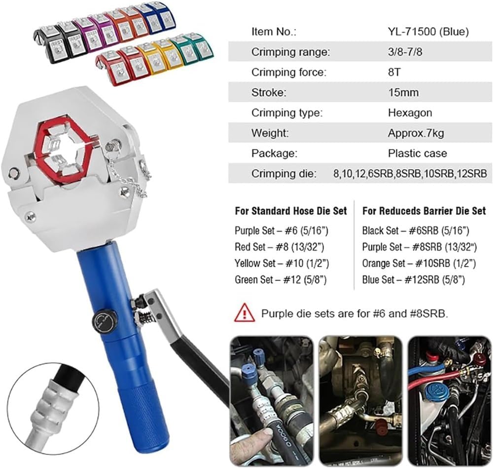 Kit de crimpado de mangueras hidráulicas con 7 matrices para reparación de aire acondicionado automotriz. Rango de crimpado de 3/8 a 7/8 pulgadas, conexiones dentadas y con reborde. Diseño dividido