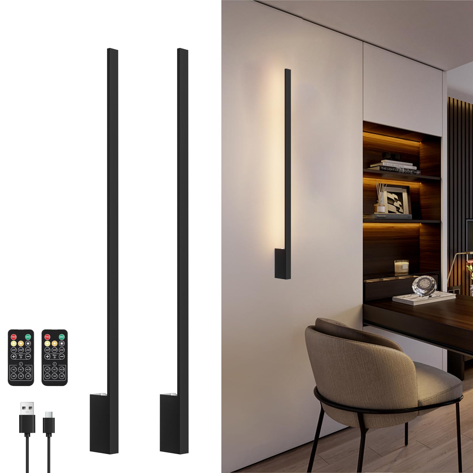 Klighten 2PCS Lámpara de pared a pilas,10000mAh Lámpara de pared LED con mando a distancia y control táctil,Aplique de batería,Aplique de Pared interior 100CM 6W,3000K-6000K,Negro