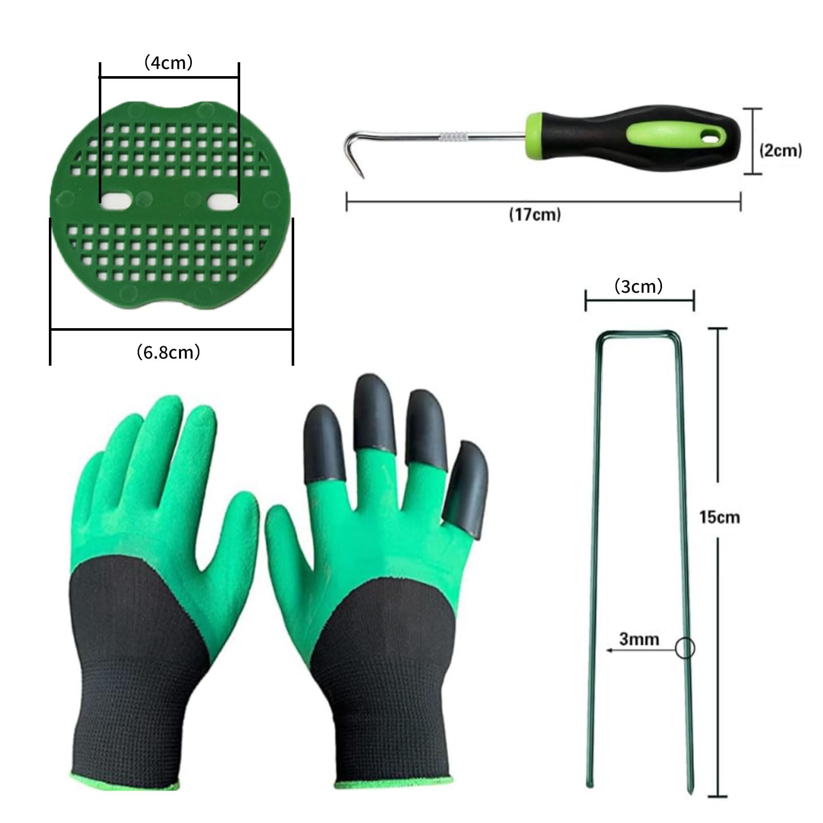 50 estacas de césped artificial verde + 50 arandelas amortiguadoras con 1 gancho para púa, 1 par de guantes de jardín para tela de barrera de malezas, cubierta del suelo, valla de sujeción y césped