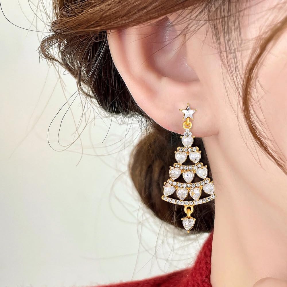 Rhinestone Heart Chandellier Dangle Earrings for Women Love Hearted Crystal Christmas Star Tree Statement Charms Drop Dangling Stud Earring Elegant Delicate Xmas Holiday Festival Ornament Jewelry - Image 2