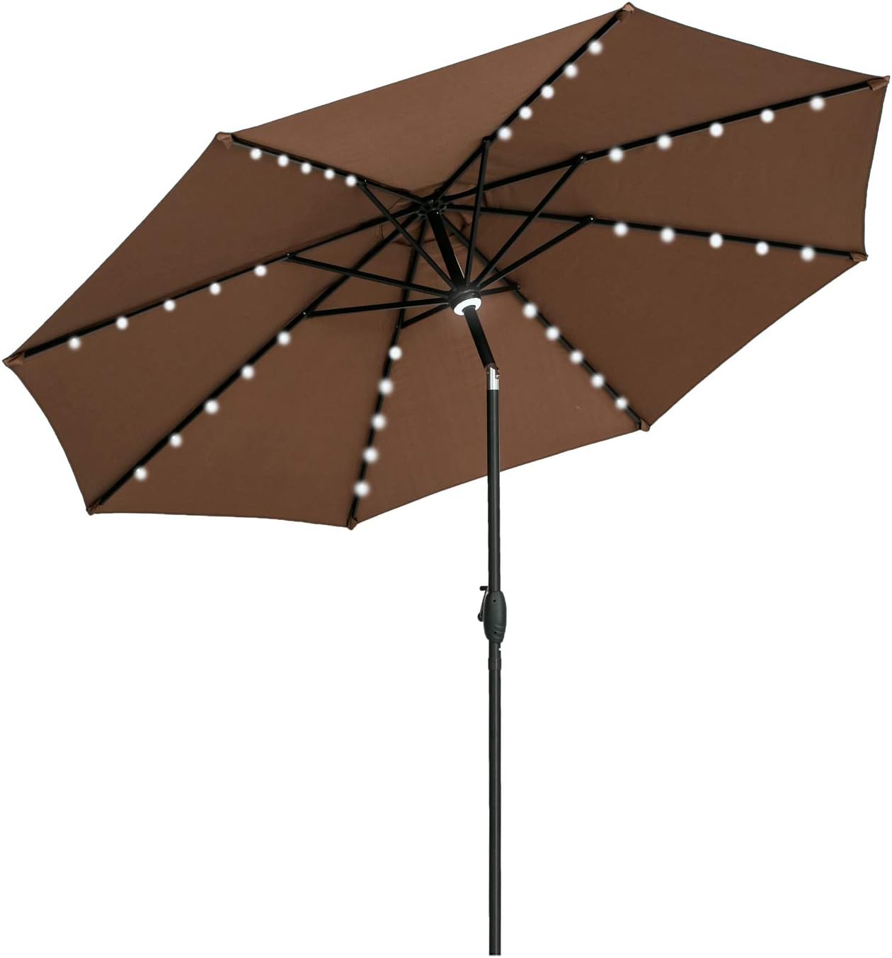 outdoor basic 10Ft Solar Powered 40 LED Lighted Steel Patio Table Market Umbrella with Tilt and Crank for Garden,Deck,Backyard,Pool. (Coffee)