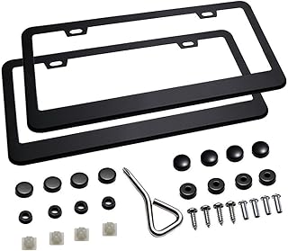 Ohuhu Matte Aluminum License Plate Frame with Chrome Screw Caps, 2Pcs 2 Holes Black Licenses Plates Frames, Car Licenses Plate Covers Holders