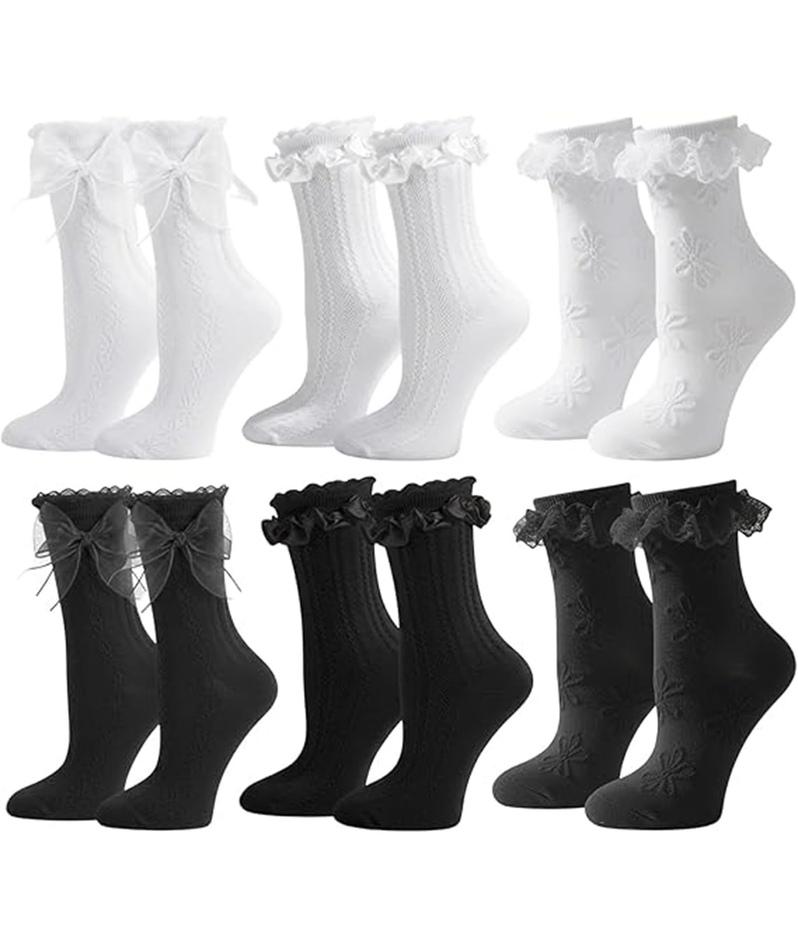 6Pairs Lace Socks for Women, Lace Socks for Girls, Black White Frilly Sock, Ruffle Sock for Women, Cute Princess Cotton Ballet Soc k for Casual Wedding Costume Party Sup-image-34