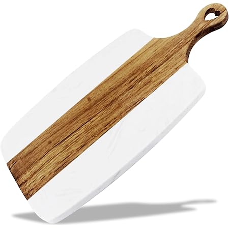 The Live Edge - Acacia Wood and Marble Cutting Board, Marble Cheese Board, Stone Cutting Board, Marble Board for serving | White Marble Cutting Boards for Kitchen, Wood Marble Charcuterie Board Set