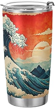 Vnurnrn Tumbler with Lid and Straws Japanese Wave Sunset, 20 OZ Stainless steel Double Wall Vacuum Insulated Tumblers, Coffee Cup Travel Mug for Hot & Cold Drinks