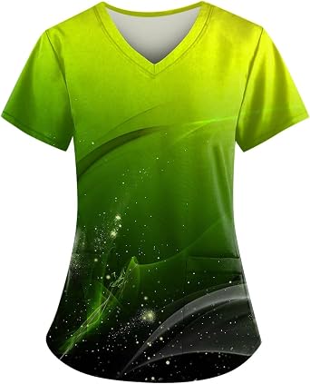 Scrubs for Women Printed Stretchy Scrub Tops Nurse Uniform Shirts V-Neck Short Sleeve Fun T-Shirt Tee with Pockets